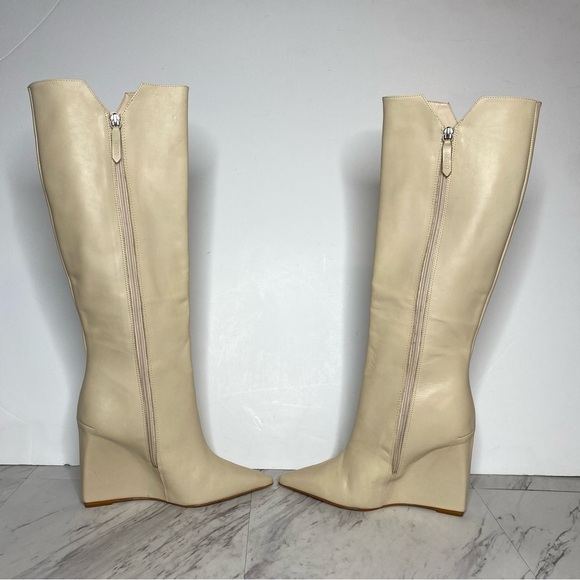Schutz Asya Up Eggshell Leather Pointy Toe Wedge Tall Boot 8 1/2 B - Picture 5 of 16